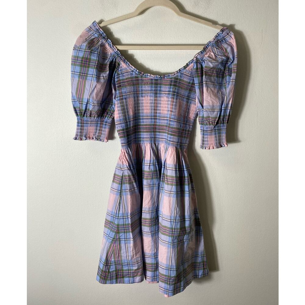 Hill House The Nap Dress Pale Pink Blue Plaid Smocked Dress Sz XS